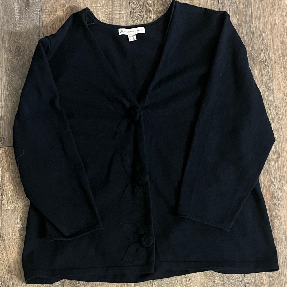 JM Collection Black Cardigan Sweater XL Petite 3D Knit Flower Trim Classic